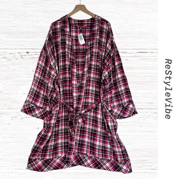 TORRID Women’s Plus Size 3/4 Sleep Robe Plaid Stretch Tie Waist NWT Tunic - Picture 1 of 16